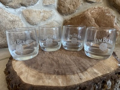 Set Of 4 Jim Beam Etched Logo Bourbon Heavy Rocks Glasses Whiskey Old Fashion