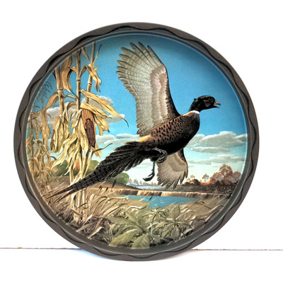 Ringneck Pheasant In Flight Litho Metal Tray James Artig 11'' Vintage Wall Plaque