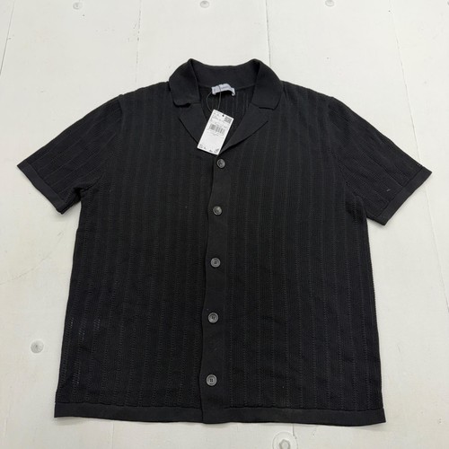 Mango Shirt Mens Large Black Knit Short Sleeve Button Up Lightweight Casual