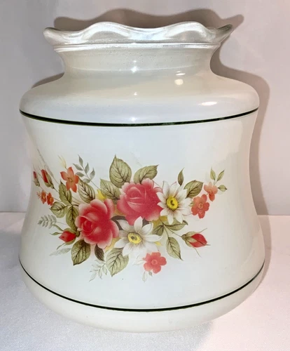 VTG Satin Milk Glass Lamp Light Shade Hand Painted Flowers Green Bands 8.25’’