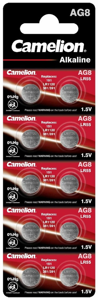 AG8, LR1120, LR55,191, Knopfzellen Batterien Alkaline 1,5V Camelion im 10er-Pack