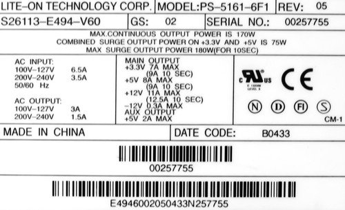 Power Supply Fujitsu S26113-E494-V60 ATX 170WATT PS-5161-6F1 1xP1 24-PIN 2xMOLEX - Picture 3 of 3