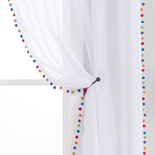 Sheer White Curtains with Multi-Color Pom-Pom Sheer 52