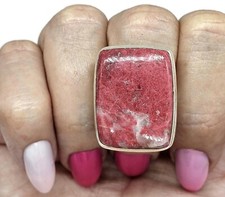 Rectangle Thulite Ring, size Q, Sterling Silver, Vibrant Pink Gemstone, Pink