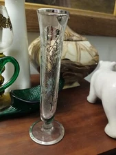 Vintage BUD VASE Clear Glass Vase with Silver Flower Overlay 6.5”