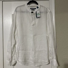 Perry Ellis Collarless White 100% Linen Long Sleeve Short Sz L NWT