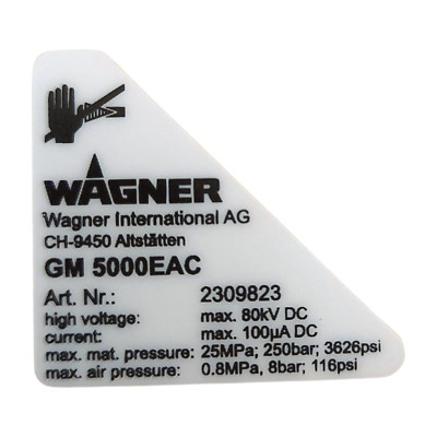 WAGNER 2309817 Typenschild links für GM 5000EAC Farbspritzpistole Elektrostatik