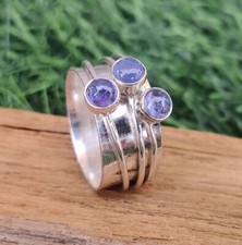 Tanzanite Gemstone Meditation 925 Silver Spinner Three Stone Ring All Size SR49