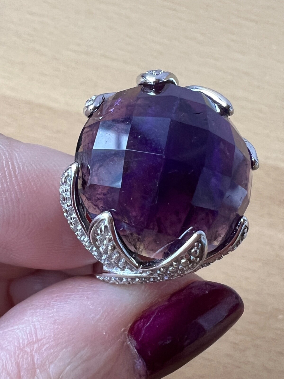 VINTAGE LARGE FACETED PURPLE AMETHYST 925 STERLIN… - image 7