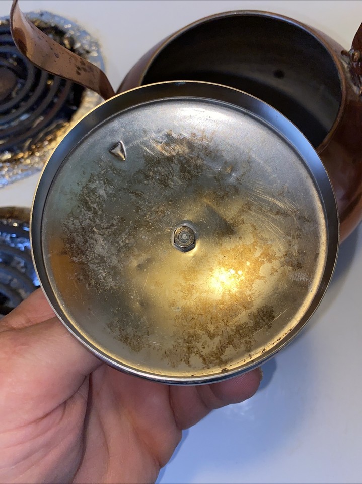 Copper tea kettle vintage teapot porcelain cobalt blue and white handle