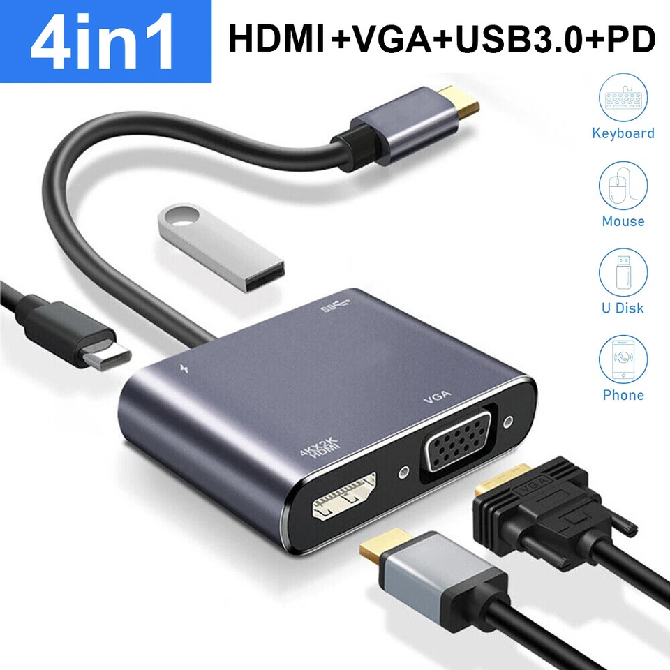 USB 3.0 Type C USB C To VGA HDMI Multiport Adapter 4K UHD Converter Port MacBook - Image 4 of 4