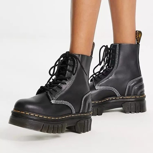 Doc Martens Audrick 8 Eye Quilted Boots White Stitch Black Leather Womens  Size 9 | eBay