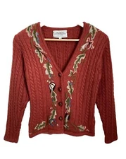 Susan Bristol Vintage Christmas Sweater Hand Embroidered Orange 100% Wool Size S