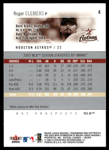 Roger Clemens 2004 Fleer Hot Prospects Draft Edition #4 - Picture 2 of 2