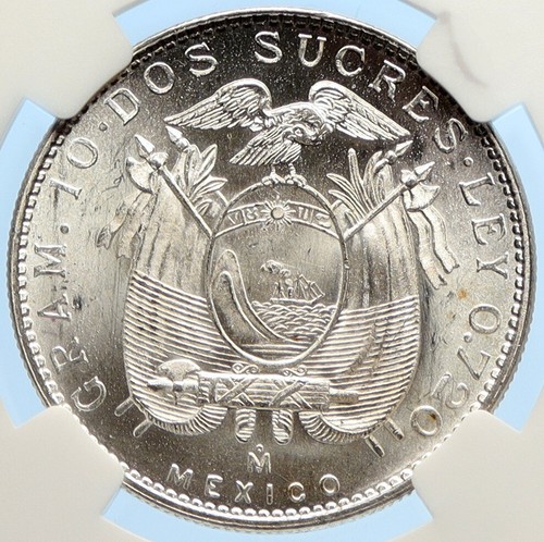 1944 Mo ECUADOR Antonio Jose de Sucre y Alcala Silver 2 Sucres Coin NGC i97520 - Picture 2 of 5