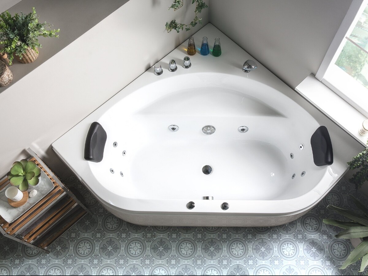 Luxus Whirlpool Badewanne 155 cm mit Glas LED Licht Wasserfall Glasfront für Bad