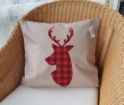 CLAYRE & EEF Deko Bezug KISSEN HÜLLE RENTIER 45x45cm beige/rot Hirsch Landhaus