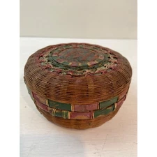 Vintage Chinese Sewing Basket Antique Painted Red Green