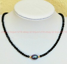 Faceted 3mm Bright Black Spinel Gems 9-10mm Tahitian Black Pearl Necklace 18''