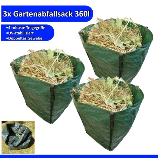 3x Gartensack 360l Laubsack robust 4 Tragegriffe Grünschitt Gartenabfall Sack