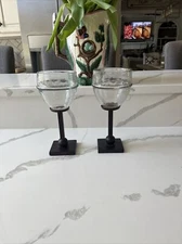 Pair Jan Barboglio Artisan Iron Hand Blown Glass Clear Chalice Goblet Bowl 11.5"