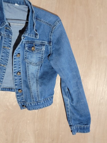 yuke jean jacket girls size 6 long sleeve collared pockets stretch denim blue - Picture 3 of 8