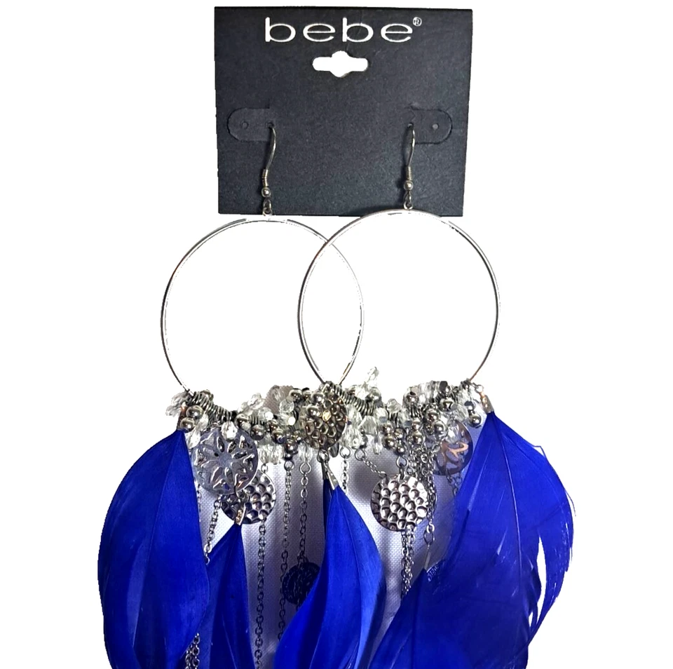 Pendientes Largos BEBE Aro Gran Tamaño Pluma Cristal Azul Boho Festival Western Foto 4 de 4