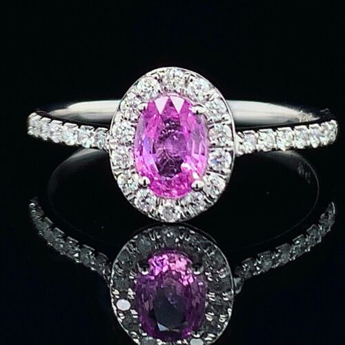Oval Pink Sapphire and Diamond Halo Ring set in Platinum - Picture 1 of 12