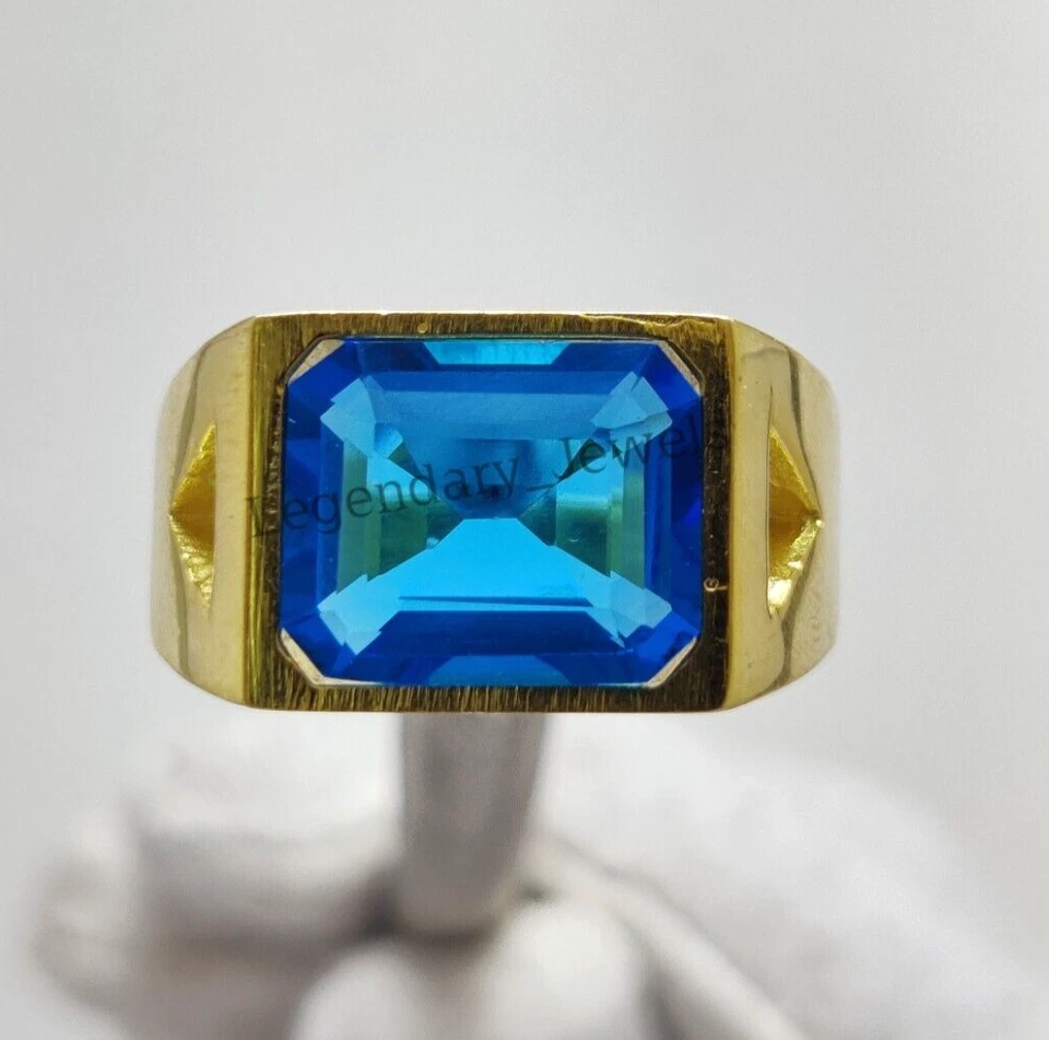 Natural Blue Topaz Gemstone With Gold Plated 925 Sterling Silver Men's Ring