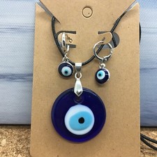 3 PC Set 18-20  Black Cord Round Pendant Necklace  Earring Evil Eye New 4401