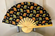 Fan Black Red Thai Folding Elephant Hand Wooden Thailand Decore                      