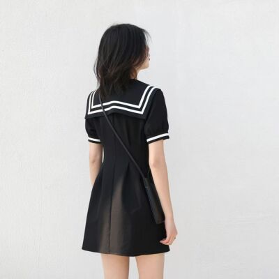 Women Harajuku Sailor Collar Dress Short Sleeves Slim Student