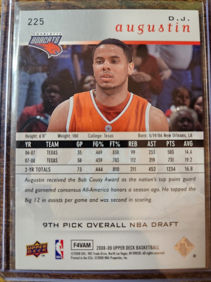 2008-09 Upper Deck DJ Augustin Rookie RC #225 Charlotte Bobcats Texas ...