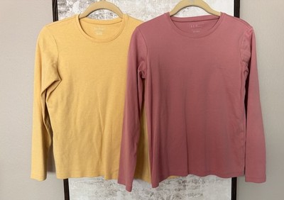 L.L. Bean Womens XS Reg 100% Cotton Long Sleeve Crewneck T-Shirts Yellow & Mauve
