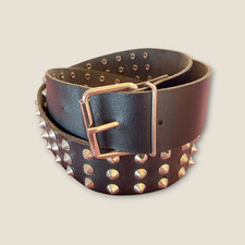 Black genuine leather studded belt   size XL silver cone rivets punk rock biker