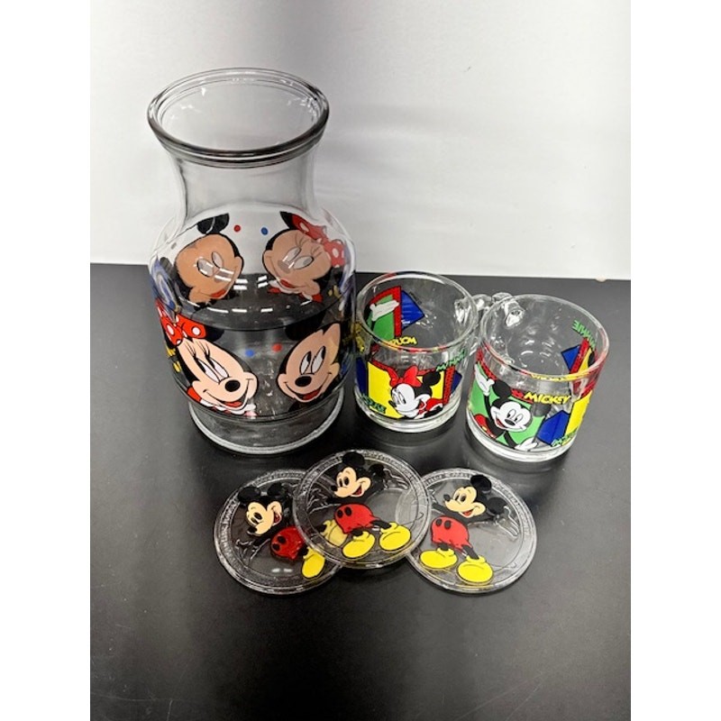 Disney Mickey and Friends Vintage Carafe Glass Pitcher,mugs,and coasters