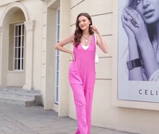 Women's Overalls Sleeveless Boho Loose Wide Leg Jumpsuits Rompers Sz S Pockets