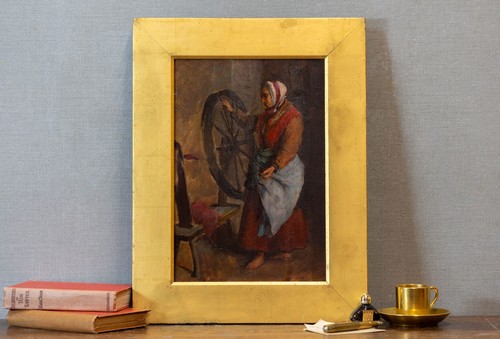 Expressive Antique Oil Painting, 19th Century | Woman at Spinning Wheel - Picture 12 of 12