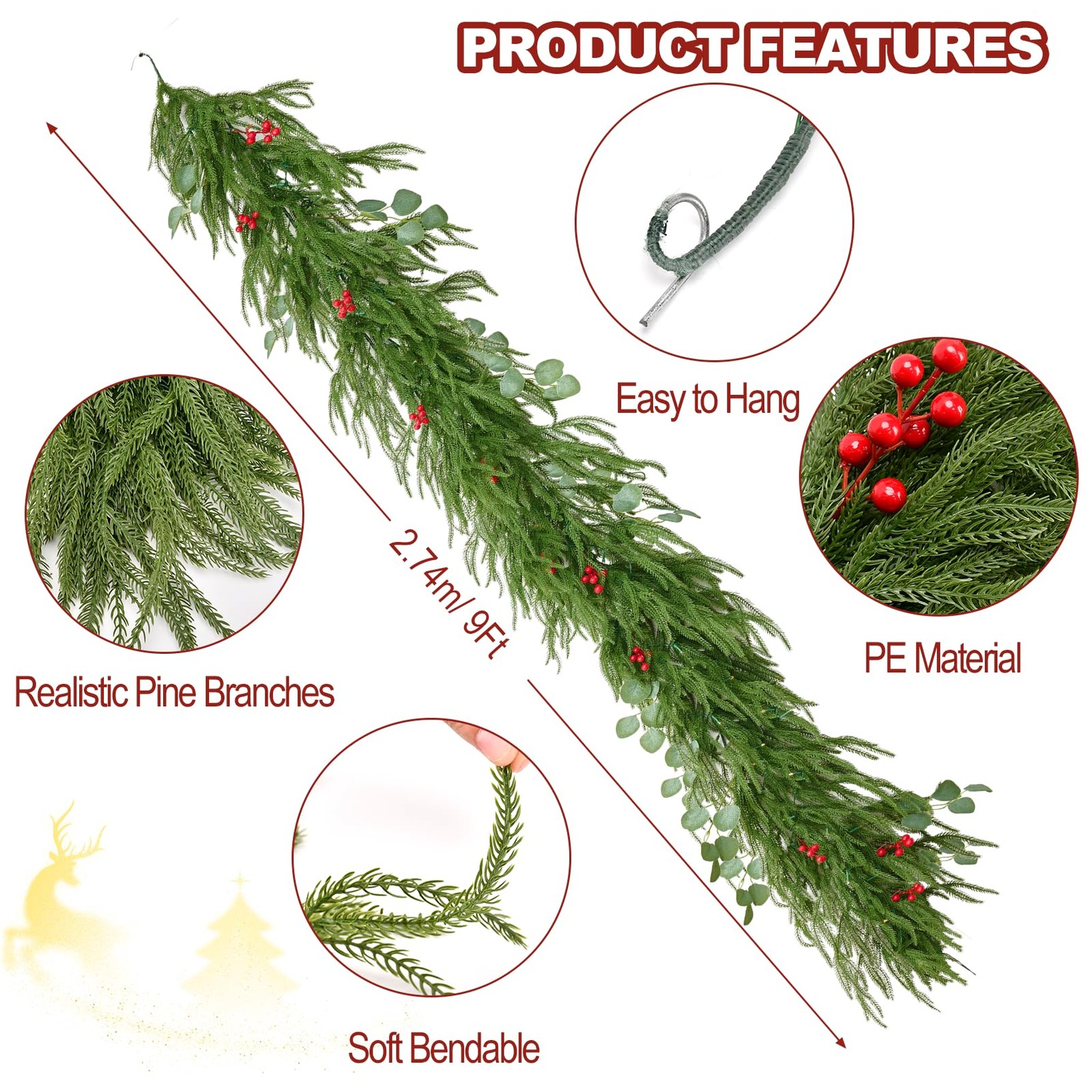 9FT Christmas Garland with Lights, Battery Operated Garland with Red Berries ...