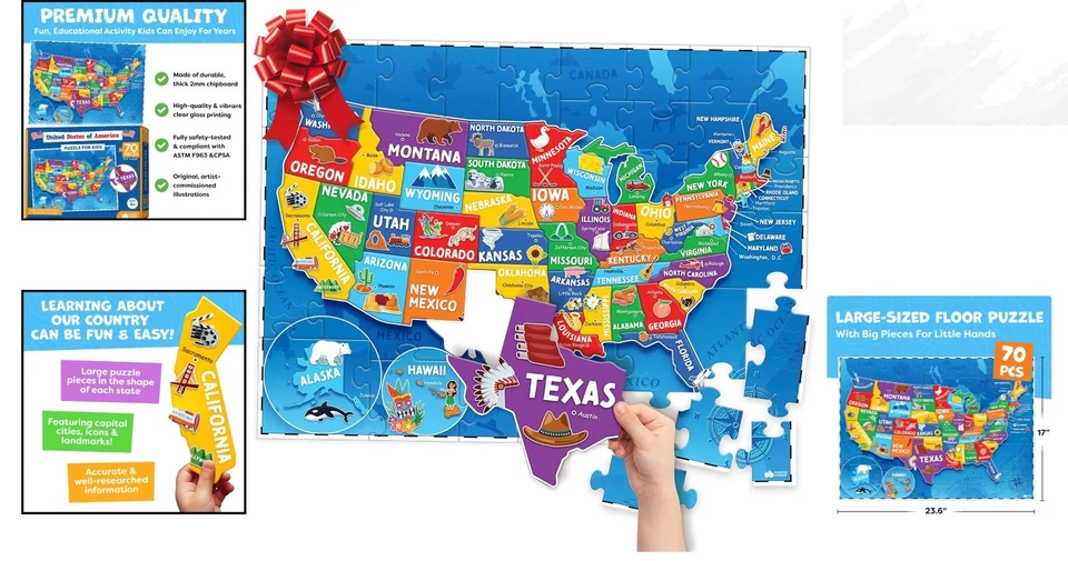 Rompecabezas de mapas colorido de EE. UU. para niños 4-6 - 70 piezas duraderas para pensamiento crítico Foto 2 de 4