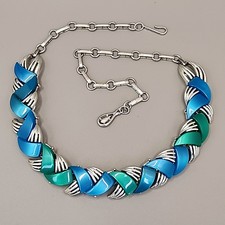 Vintage Coro Thermoset Necklace Blue Green ZigZag Light Gold Tone Linked 16