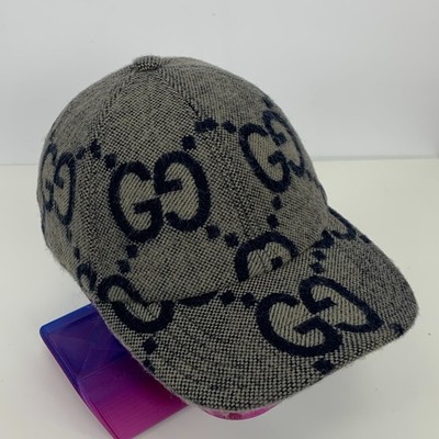 Gucci GG Monogram Jumbo Wool Canvas Baseball Cap Hat Gray Size M