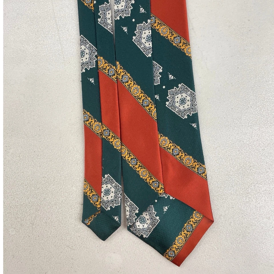 Corbata ancha de damasco diagonal de jacquard a rayas naranja/verde vintage años 60 para hombre Foto 2 de 3