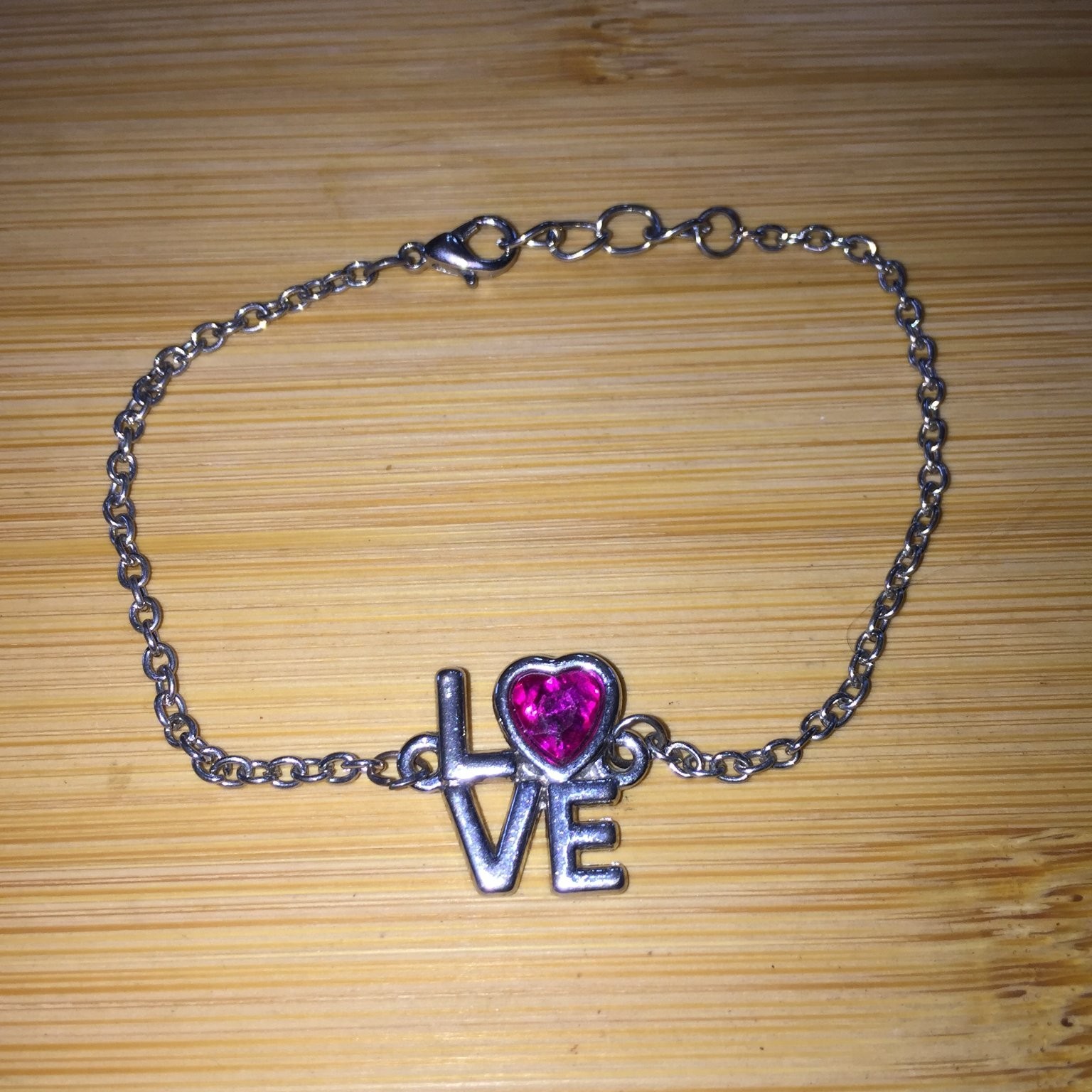 LOVE Heart Charm Bracelet Adjustable Silver Tone Pink Crystal
