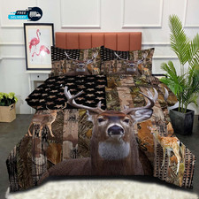 Deer Bedding Set Queen Size Comforter with American Flag Camo Design for Boys