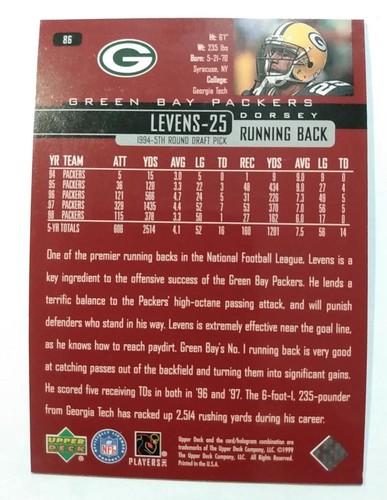 Tarjeta de fútbol americano 1999 Upper Deck #86 Dorsey Levens Green Bay Packers  - Imagen 8 de 8