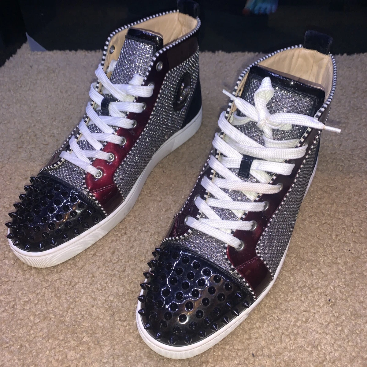 Auth Men's Christian Louboutin Black Spike High Top Shoes Sneakers - 42.5