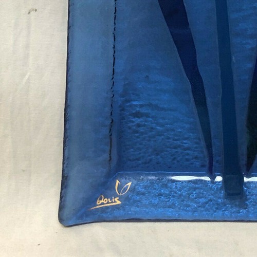 DORIS BLUE CATTAIL FLORAL ART GLASS RECTANGULAR PLATTER 13 1/8" SIGNED - Picture 5 of 5