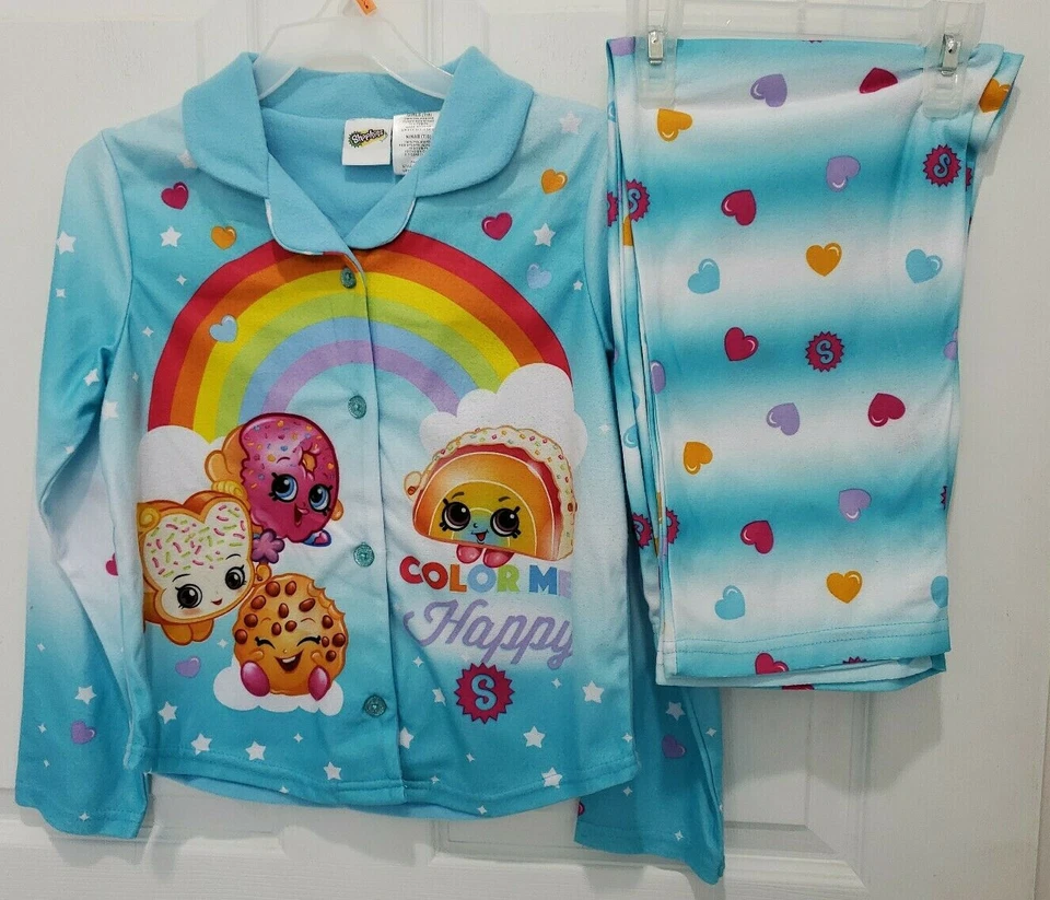SHOPKINS Girls M 7-8 Turquoise Flannel COLOR ME HAPPY Button Up Rainbow Pajamas - Image 2 of 4