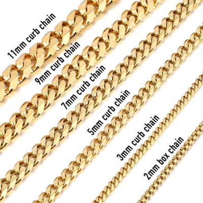 2/3/5/7/9/11mm 16''-30'' Gold Plated Stainless Steel Curb Cuban/Box Chain Necklace